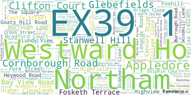 A word cloud for the EX39 1 postcode